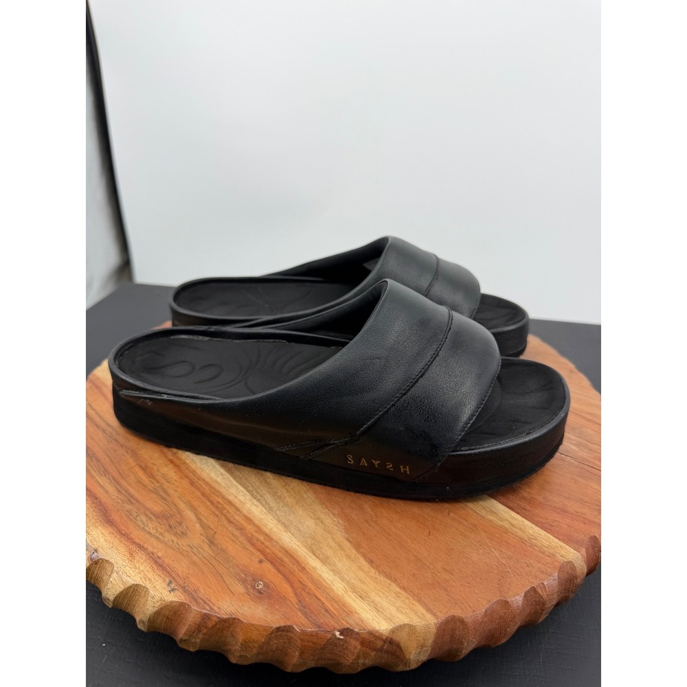 Saysh Slide Sandals Women 8 Black Leather Platform Athletic Comfort Luxury